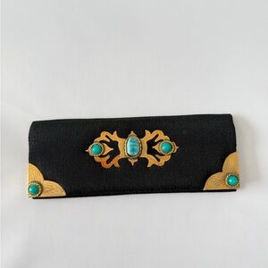 Vintage Mid-century Black Faille Padded Scarab Comb/Compact Case with Mirror